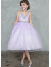 V Neck Beaded Tulle Flower Girl Dress